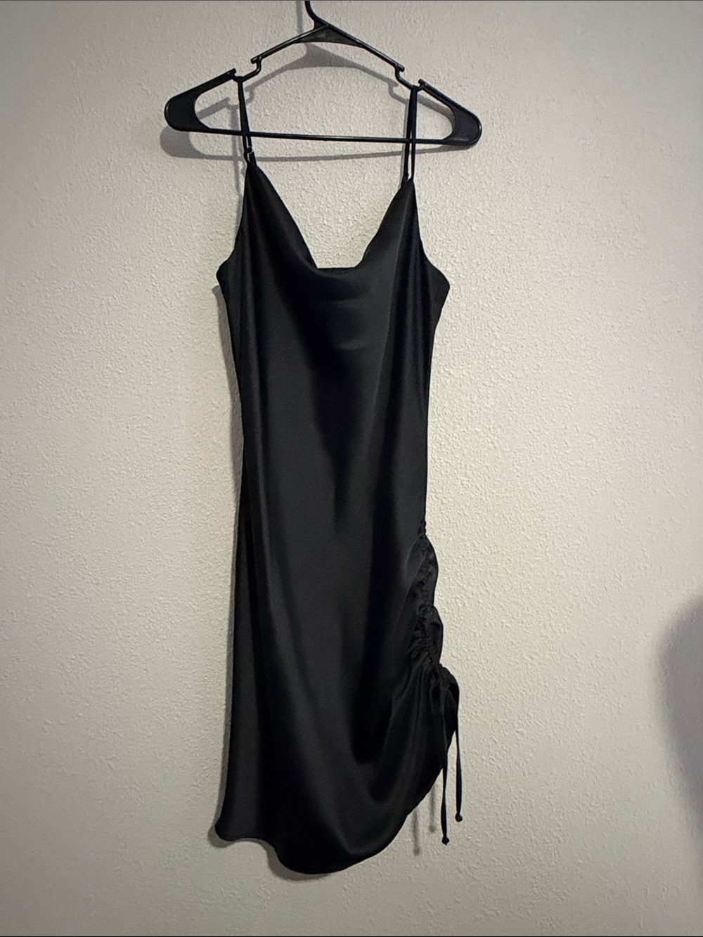 Forever 21 Black Satin Cowl Neck Slip Dress with Side Ruched Tie